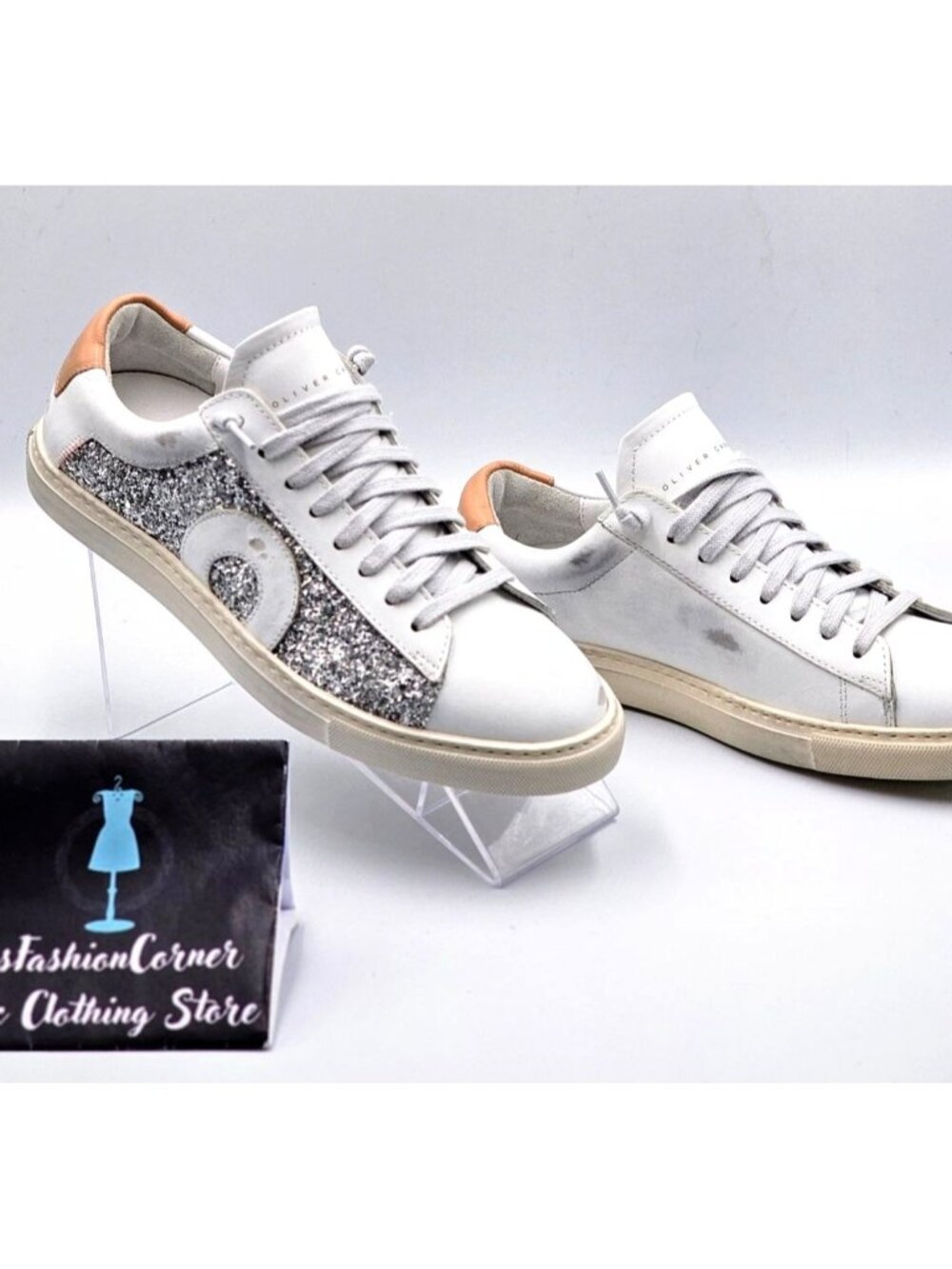 NWOB Oliver Cabell Women Low 1 LEEDS White Leather Sneakers Glitter  Sz 5.5 2254 - Picture 6 of 16